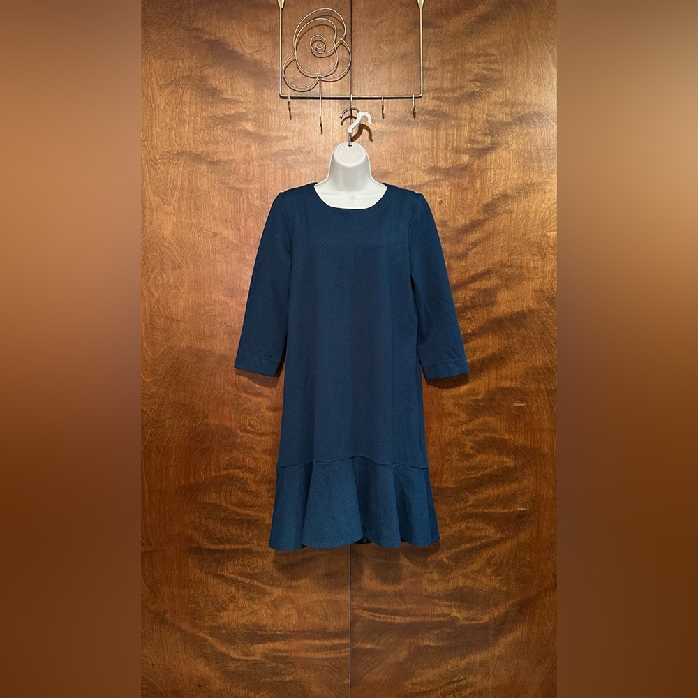 J. Jill 3/4 Sleeve Ponte Knit Fall Shift Dress Womens M Teal & Black Polka Dots
